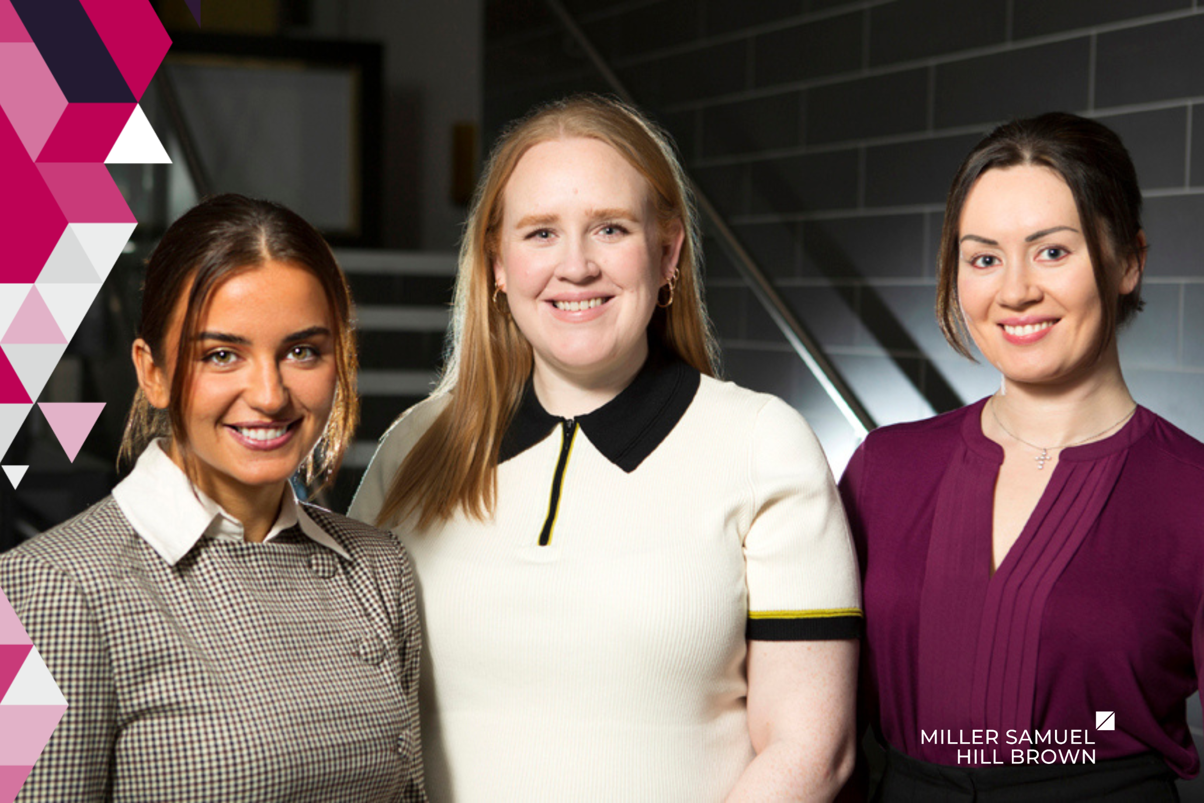 Erin Doherty, on the left, wears a brown-and-white patterned jacket over a white shirt. Laura Shields, in the centre, wears a cream-colored shirt with a black collar. Laura Cousins, on the right, wears a purple top.
